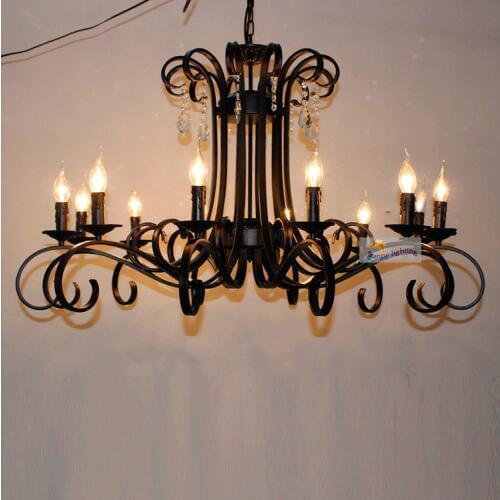 Restaurant Black crystal chandelier ceiling fixtures 12 lights candle holder lamp Villa hotel living room luxury iron chandelier