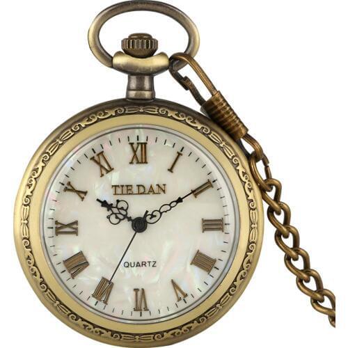 Shell Dial Pocket Watch Necklace Vintage Chic Quartz Roman Numerals Watch Women Pendant Silm Thick Chain Clock Gift For Ladies