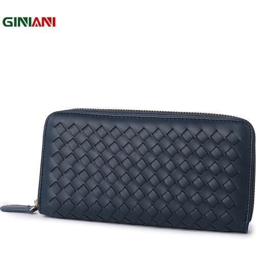 GINIANI Super Soft Leather High Quality Classic Weaved Long Wallet Famous Brand Designer Women Woven Standard Coin Purses