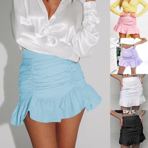 Hot kf-Summer Pure Color Pleated Ruffled Zipper Skirt High Waist Bag Hip Fishtail Skirt A-Line Skirt