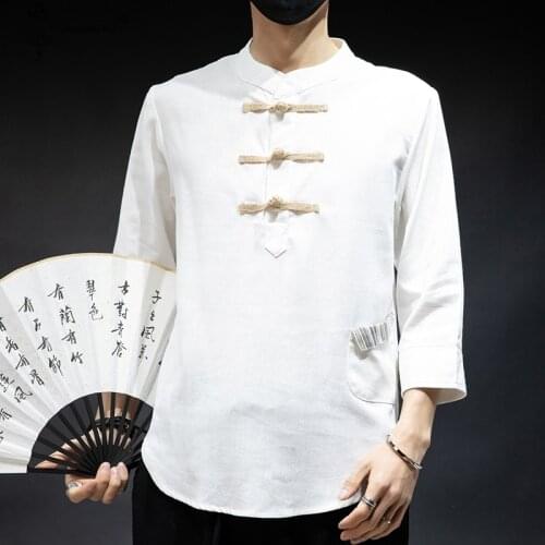 Japan Harajuku Kimono Asian Buckle Design T-shirt Male Yukata Costume Japanese Style Men Short 3/4 sleeve Loose Shirt T-Shirt