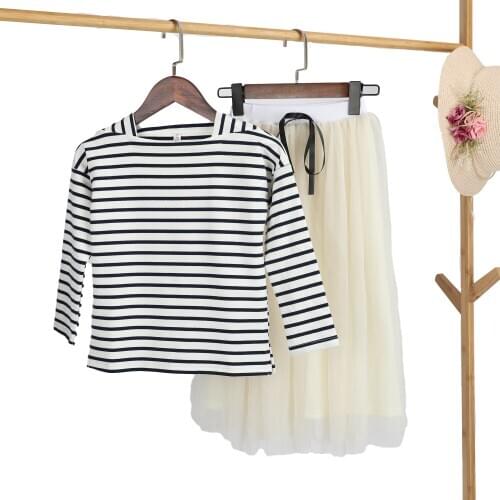 Girls Set 2021 New Korean Child Clothing Teenager Kids Clothes Striped Full Sleeved T Shirt + Long Skirt 2 Piece Sets Age 3-14