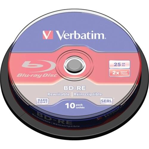 Verbatim BD-RE 25GB 10pk Spindle 2x Blu-ray Branded Rewritable White Printable Media Disc Compact Data Storage 43694