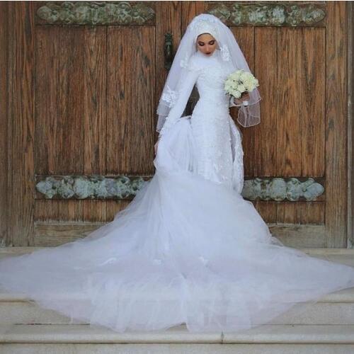 Muslim Wedding Dress Israel Arabian 2020 detachable Train High Neck Long Sleeves Appliques Tulle Bridal Gowns With Veil