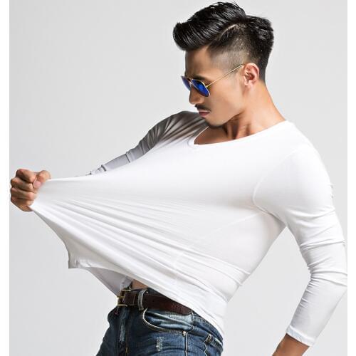 Mens Ice silk Long Sleeve T-Shirt Basic Tee Crew Neck Solid Tops Cotton T-Shirts New