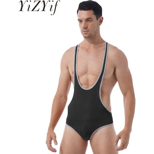 Mens Lingerie Wrestling Singlet Bodysuit Underwear Stretchy Deep U-Neck Jumpsuits Undershirts Sleeveless Leotard Skinny Overalls