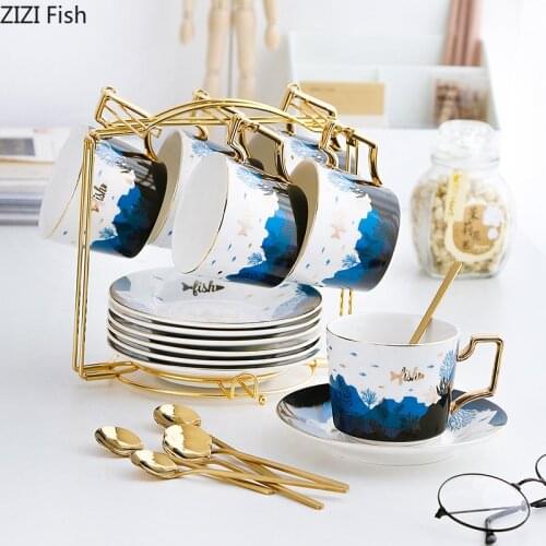 200ml European Style Coffee Cup and Saucer Set Luxury Ceramic Breakfast Milk Mug with Cup Holder Home Decoration Cup Set