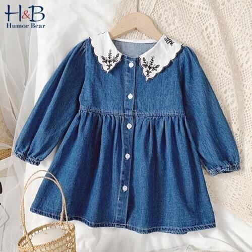 Humor Bear 2020 Autumn New Denim Dress Girls Lapel Print Puff Sleeve Embroidery Korean Long Sleeve Dress Baby Kids Girls Dress