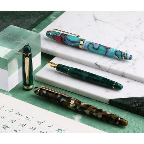 Moonman S3 Acrylic Resin Fountain Pen Iridium Extra Fine / Fine Nib 0.38 / 0.5mm Writing Ink Pens Gold Trim with Gift Box Set