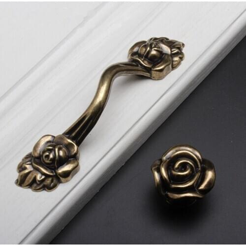 2 pcs Retro Rose Flower Dresser Knobs Drawer Pulls Bronze Rustic Kitchen Cabinet Handle Door Handle Furniture Hardware