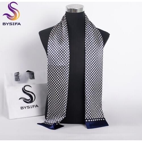 [BYSIFA] Brand Men Silk Scarf Muffler Winter Fashion Accessory 100% Pure Silk Male Plaid Long Scarves Cravat Navy Blue 160*26cm