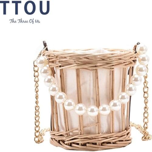 Straw Bag 2021 New Fashion Beading Chain Female Shoulder Bag Summer Travel Beach Bag Luxury Weave Handbags Women Bags Designer