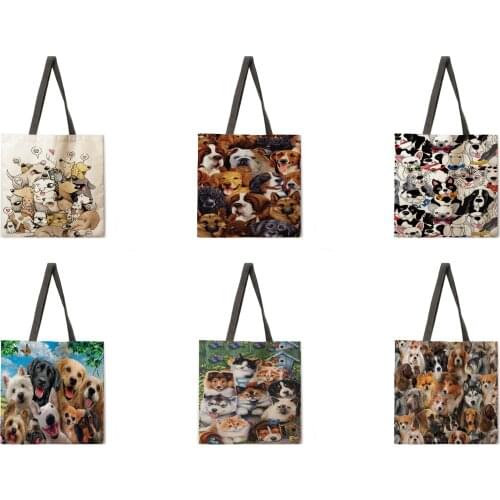 Multi-head dog tote bag linen fabric casual tote bag foldable shopping bag reusable beach bag lady shoulder bag