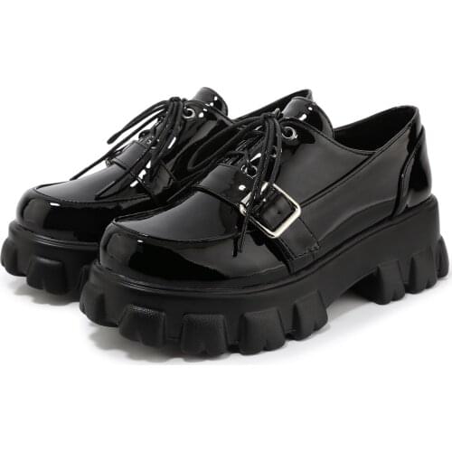 Girl Leather Shoes Oxford Shoes For Women Patent Leather Platform Women Punk Shoe Thick Bottom Motorcycle Shoes Large Size 32-43