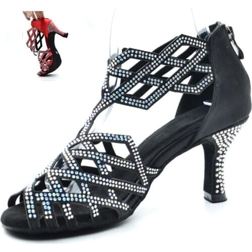 Ladies Rihineston Latin Dance Shoes Red Hard Soft Sole Ballroom Salsa Dancing Shoes for Party Shoes Girls Women Heels Sandals