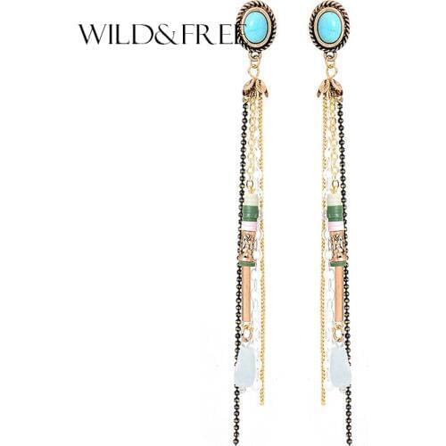 Wild&Free Bohemian 2017 New Women Dangle Drop Earrings Long Alloy Tassel Earring Jewelry For Women Blue Stone Fashion Earrings
