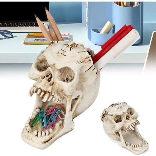 Creative Resin Skull Pen Holder Desktop Office Storage Card Stand Clips Pencil Holder Desk Decoration Ornaments Resin Crafts
