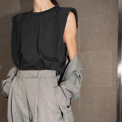 2020 New Sleeveless T-shirt Women Summer O-Neck Tshirts Summer Simple Tee Top With Shoulder Pads