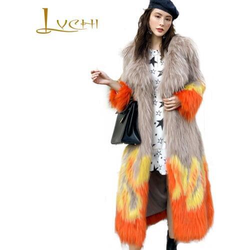 LVCHI 2019 Winter Real Fox Fur Coats Turn-Down Collar Natural Fox Fur Coat Womens Print Contrast Color Long Wave Fox Fur Coats