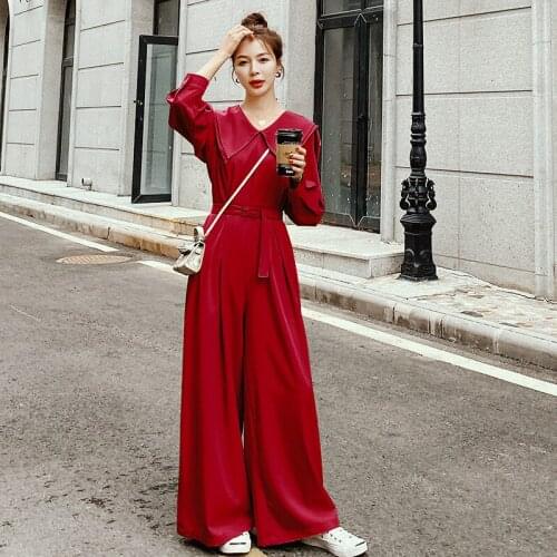 Women Fashion Elegant Double Lapel Long Sleeve Jumpsuit Spring Autumn Bandage Slim Red One Piece Wide Leg Pants Overalls 1573