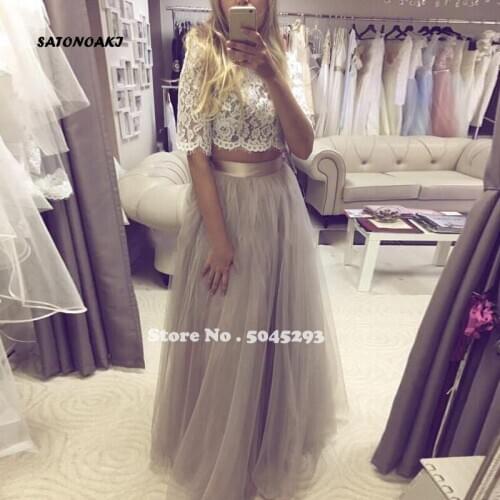 Lace Two Pieces Wedding Dress Sexy A Line Boat Neck Half Sleeves Bridal Gown Vestido De Novia Robe Mariage Online Shop Undefined