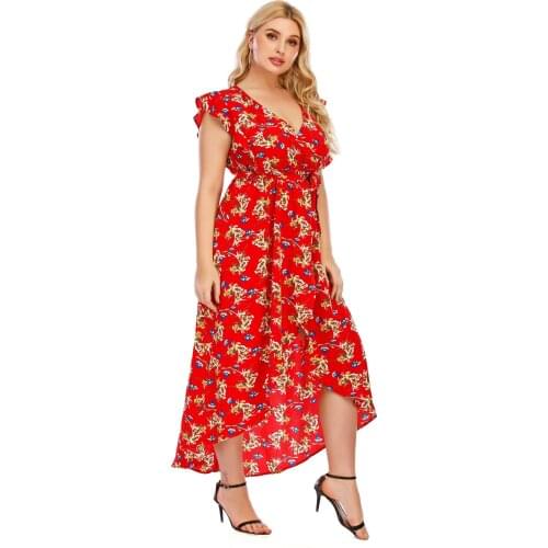 Plus Size Red Dress Slit Ruffle Sleeve Irregular Elegant Dresses 2021 Womens V-Neck Print Ankle Skirt High Waist Belt Party