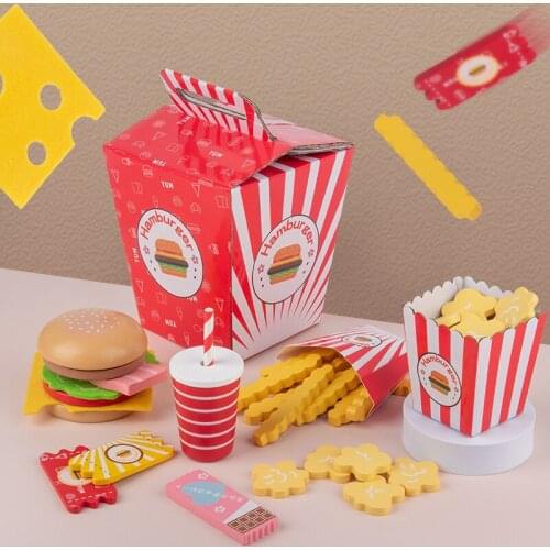 Baby Toy Kids Kitchen Pretend Play Toys Simulation Wooden Hamburger Fries Fast Food Model Set Burger Set House Toys For Children