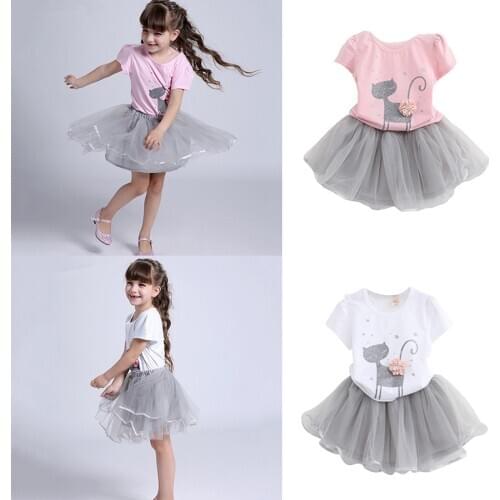 Children Costume Outfits Baby Girls Suit Set Toddler Kids Girls Floral Cat Printed T-shirt Tops+Mesh Tutu Skirts