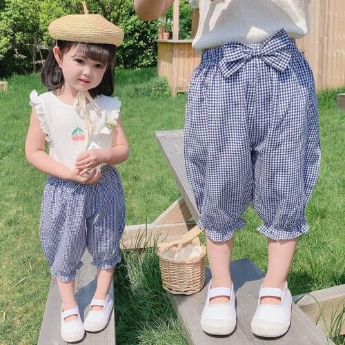 Baby kids Girls summer Calf-length cotton summer thin radish pants childrens plaid mosquito pants baby lantern trousers P4 136