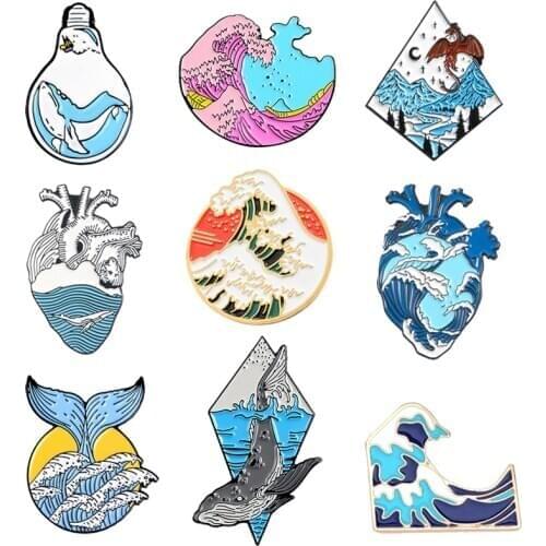 Blue sea waves Heart Enamel Pin Snow mountain dragon Whale Bag sunset Pin Ocean Wave Badge Whale Jewelry Gift for Kids Friends