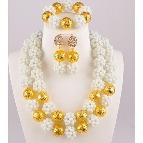 Crystal Ball Beaded White African Jewelry Set Nigerian Beads Necklace