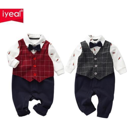 IYEAL Gentleman Baby Boys Clothes Children Newborn Bowtie Fake Two Pieces Romper Overalls Toddler Boy Party Wedding Suits 0-18M