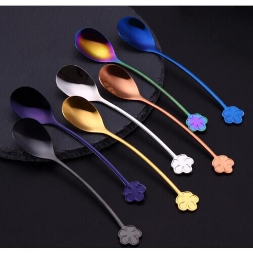 Stainless Steel Flower Coffee Spoons Mixing Spoons Set Cold Drink Fruit Long Ice Spoon Rainbow Cutlery 6pcs Drinkware Tableware