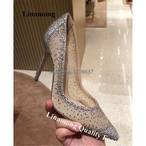 Linamong Bling Bling Rhinestone Stiletto Heel Mesh Pumps Lace Shining Crystal Silver Black High Heels Wedding Dress Shoes