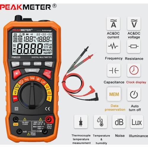 PEAKMETER PM8229 5 in 1 Multimeter Auto Digital Tester Meter With Multi-function Lux Sound Level Frequency Temperature Humidity
