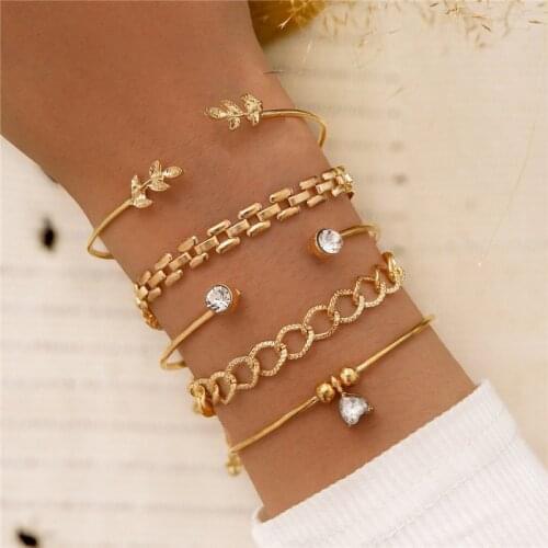 Modyle Rhinestone Geometric Chain Bracelets Set for Women Bohemia Multilayer Heart Leaf Charm Bangles Fashion Party Jewelry Gift