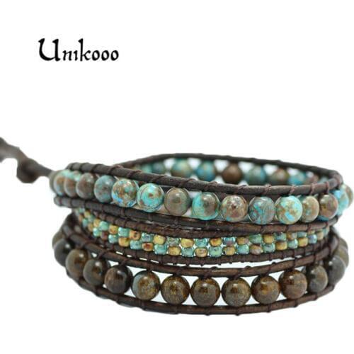 New Triple Leather Wrap Bracelet for Women Beaded Handmade Multilayer Czech Glass Beads Leather Rope Jewelry