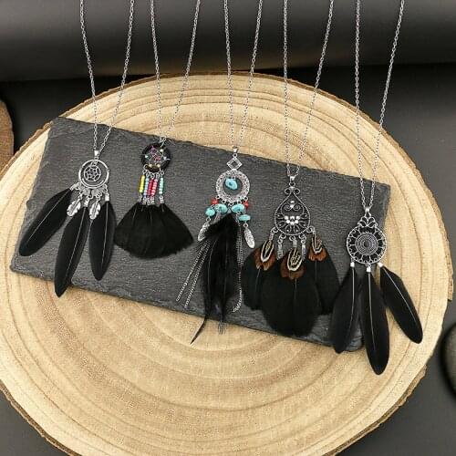 Exknl Black Feather Tassel Pendant Choker Necklace Dreamcatcher Ethnic Bohemian Vintage 2021 Long Necklaces For Women Jewelry