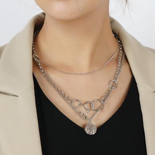 Fashion Boho Choker Necklace For Women Vintage Multilevel Collar Silver Color Chain Geometric Circle Head Coin Pendant Jewelry