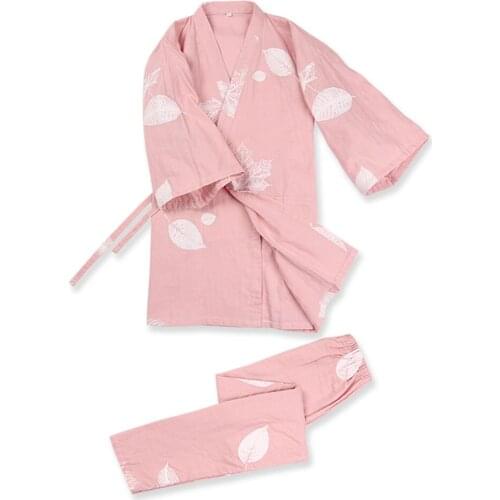 Japanese Style Pajamas Set For Women Kimono Pajamas Spring and Autumn Cotton Gauze Sweat Steamed Kimono Home Suit