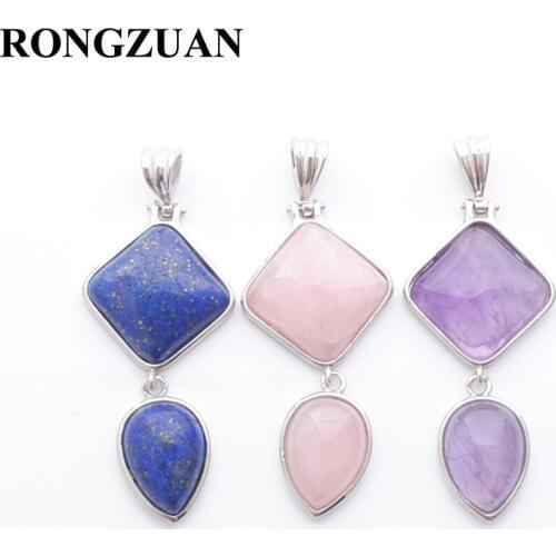 Dangle Pendant for Necklace Natural Stone Square Drop Shape Amethysts Rose Quartzs Lapis Lazuli Aventurine Turquoises Opal BN386