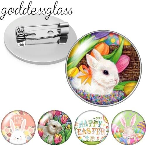Lovely Rabbit Easter eggs Happy Easter day Round Glass cabochon Brooch Dome Photo Jewelry Brooches Pin Jewelry Gift