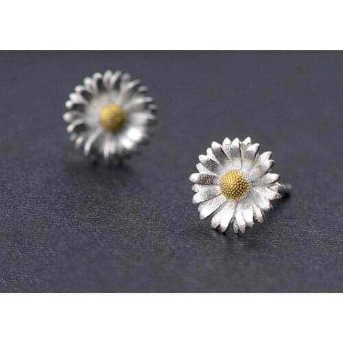 Daisies 925 Sterling Silver Real Pure Fashion Daisy Stud Earings For Women Girl Gift Hypoallergenic Sterling-silver-jewelry