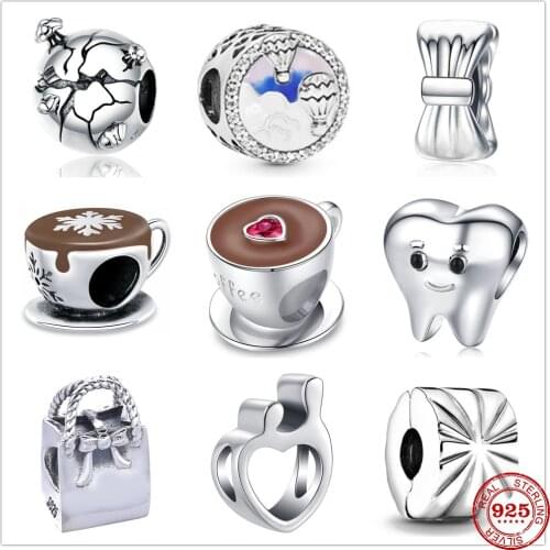 New 925 Sterling Silver Coffe Teeth Earth bag Sunburst Clip Charm bead Fit Original Pandora Bracelet DIY Jewelry For Women Gifts
