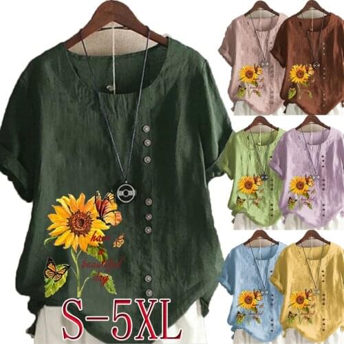Womens Fashion Linen Shirt Sunflower Printed T-shirt Summer Short Sleeve Tops O-neck Loose Blouse S-5XL