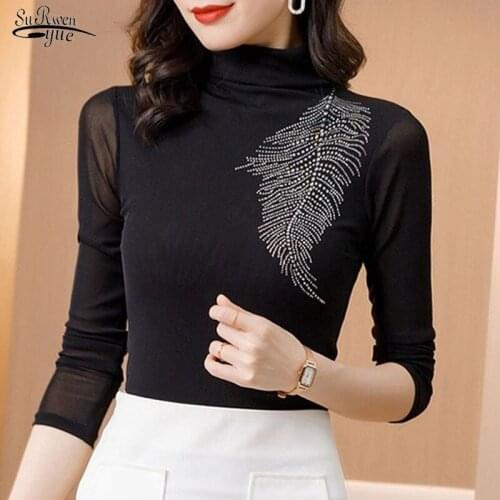 Spring New Fashion Women Elegant Mesh Stitching Casual Women Blouse Diamond Beaded Chiffon Shirt Women Clothes Top Blusas 10767