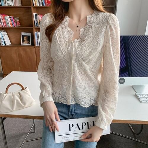 Chikichi 2021 Autumn New V-neck Shirt Chiffon Shirt Long Sleeve Basic Shirt Lace Blouse Women Elegant Ladies Tops Women Blouses