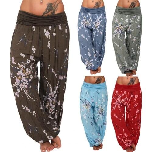Women Vintage Harem Pants Floral Print Long Pants Elastic Waist Soft Mid Waist Wide Leg Harem Pant Streetwear Loose Summer Pants