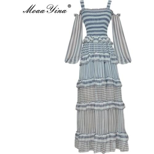 MoaaYina 2021 Autumn Spaghetti Strap Dress Womens Lantern sleeve Elasticity Slim stripe Printed Splice Ruffle Long Party Dress