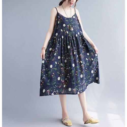 Women Cotton Linen Loose Casual Holiday Dress New 2021 Summer Vintage Floral Print Spaghetti Strap Ladies A-line Dress B228